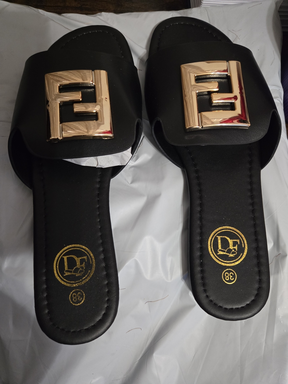 Fashion Black Slide Sandals with Gold Accent